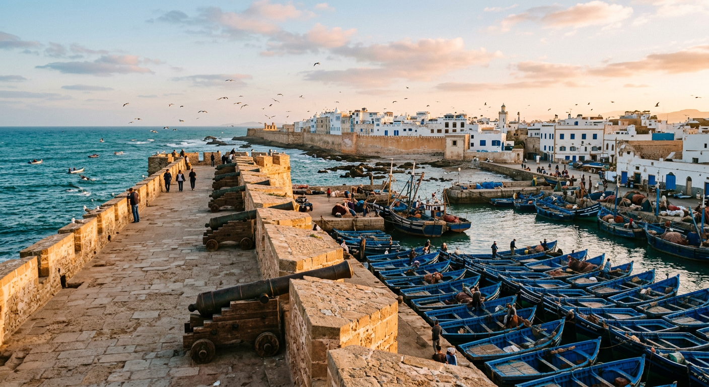 Placeholder image: seafood and fishing boats on the Moroccan coast